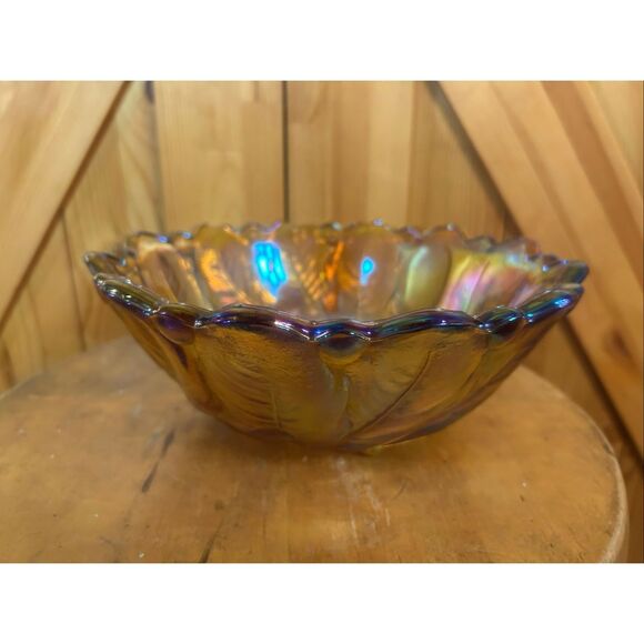 Indiana Carnival Glass Iridescent Gold Footed Bowl 9" Marigold (5755) - Picture 5 of 11